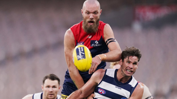 Up and over: Melbourne big man Max Gawn climbs high over Geelong's Tom Hawkins.