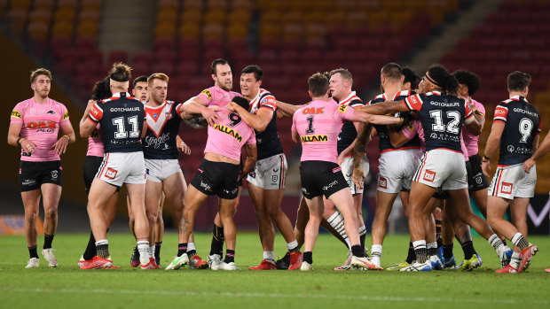 Api Koroisau sparked a melee when he ran in and pushed Jared Waerea-Hargreaves.
