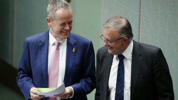 Opposition Leader Bill Shorten and Anthony Albanese  during question time.