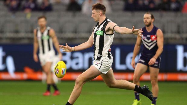 New kid on the block: Mark Keane debuted for the Pies in their round 9 loss to the Dockers at Optus Stadium in Perth.