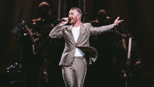 Sam Smith on stage at Rod Laver Arena in Melbourne.