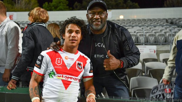 Tristan Sailor with dad and former Dragons player, Wendell Sailor, after his NRL debut last year.