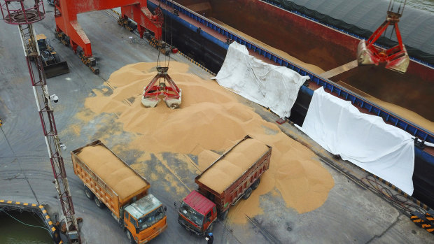 Workers load soybeans imported from Brazil at a port in Nantong in east China's Jiangsu province last month.