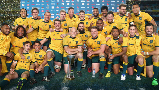 The Wallabies celebrate winning The Rugby Championship in 2015.