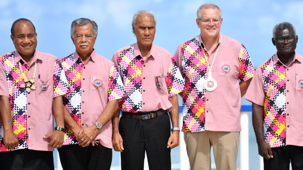 Kiribati's President Taneti Maamau, Cook Islands Prime Minister Henry Puna, Tonga's Prime Minister Akilisi Pohiva, Scott Morrison and Solomon Islands Prime Minister Manasseh Sogavare. 