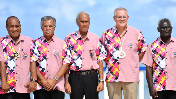 Kiribati's President Taneti Maamau, Cook Islands Prime Minister Henry Puna, Tonga's Prime Minister Akilisi Pohiva, Scott Morrison and Solomon Islands Prime Minister Manasseh Sogavare. 