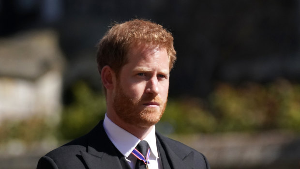Prince Harry arrives for the funeral of Prince Philip, Duke of Edinburgh.
