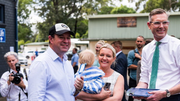 Penrith MP Stuart Ayres was joined on the hustings by Premier Dominic Perrottet, his wife Helen Perrottet and their baby Celeste on the last day of the campaign.