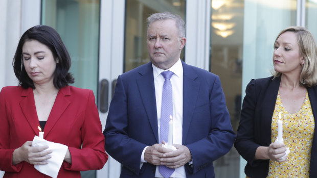 Terri Butler, Opposition Leader Anthony Albanese and Senator Larissa Waters during a vigil for Hannah Clarke and her children at Parliament House in Canberra.