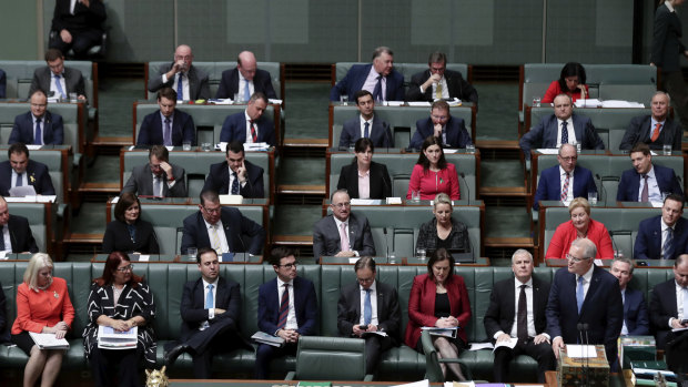 Scott Morrison and his backbench during question time on Monday.