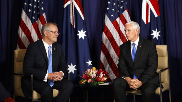 US Vice-President Mike Pence (right) speaks as Prime Minister Scott Morrison listens during a bilateral meeting on the sidelines of the APEC Summit in Port Moresby.