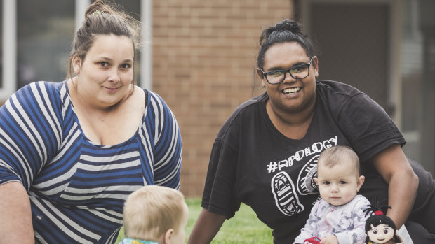 Karinya House residents Jessica Dillon and her son Leo 11 months, and Myalla Weazel and her daughter Yindi 7 months.