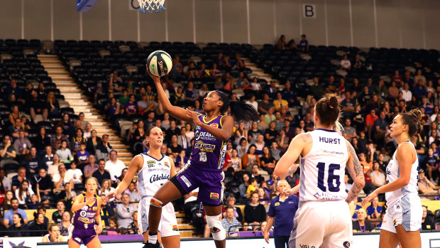 Off to a flyer: Lindsay Allen drives to the basket for the Boomers during the round 10 WNBL match against Adelaide Lightning at the State Basketball Centre in Melbourne.