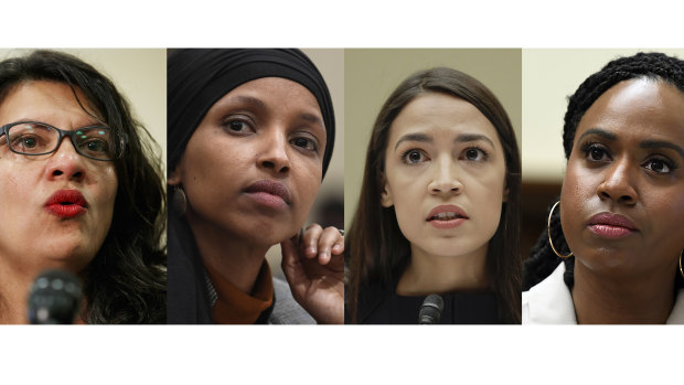 Donald Trump dug in with criticism against (L-R) congresswomen Rashida Tlaib, Ilhan Omar, Alexandria Ocasio-Cortez and Ayanna Pressley.