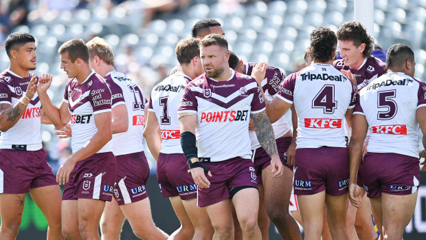 Sea Eagles players during Saturday’s trial against the Roosters.