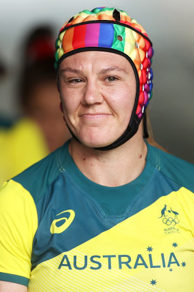 Sharni Williams at the Tokyo Olympics wearing her rainbow headgear.