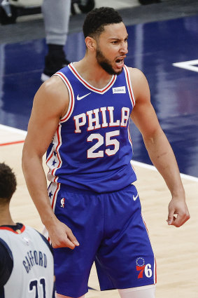 A fired-up Simmons in action against the Wizards.