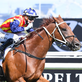 Jamie Kah steers Nature Strip to victory in the Lightning Stakes at Flemington.
