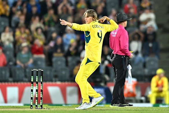 Cooper Connolly celebrates the dismissal of Dewald Brevis.