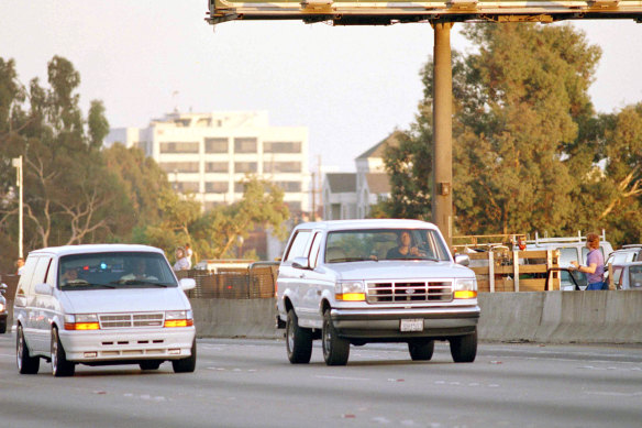 Al Cowlings, with O.J. Simpson hiding, drives a white Ford Bronco as they lead police on a two-county chase along the northbound 405 Freeway towards Simpson’s home on June 17, 1994.