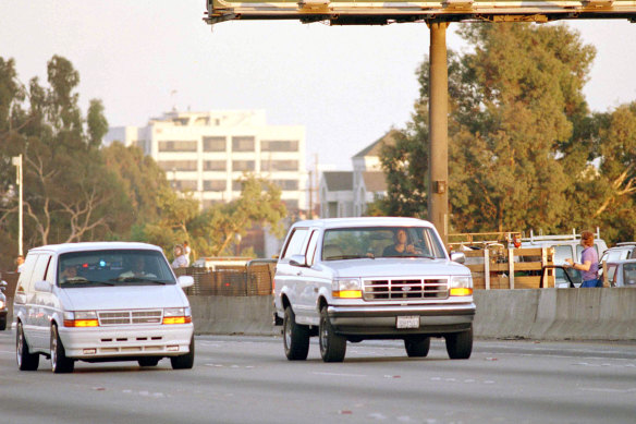 Al Cowlings, with OJ Simpson hiding, drives a white Ford Bronco as they lead police on a two-county chase along the northbound 405 Freeway towards Simpson’s home on June 17, 1994.