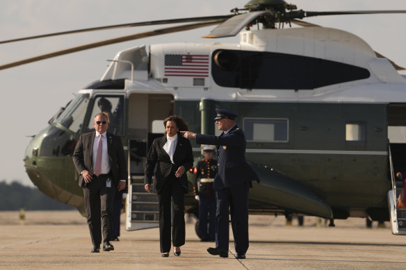 Vice President Kamala Harris seen in front of the presidential helicopter last week.