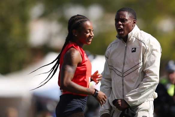 Sha’Carri Richardson wins the Gift, much to the excitement of her partner, Christian Coleman