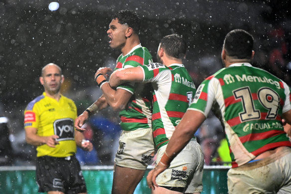 Tyrone Munro celebrates a try for the Rabbitohs on debut.