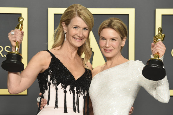 Laura Dern, left, and Renee Zellweger with their Oscars after winning last year.