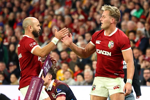 Duhan Van Der Merwe of the British & Irish Lions celebrates scoring a try 