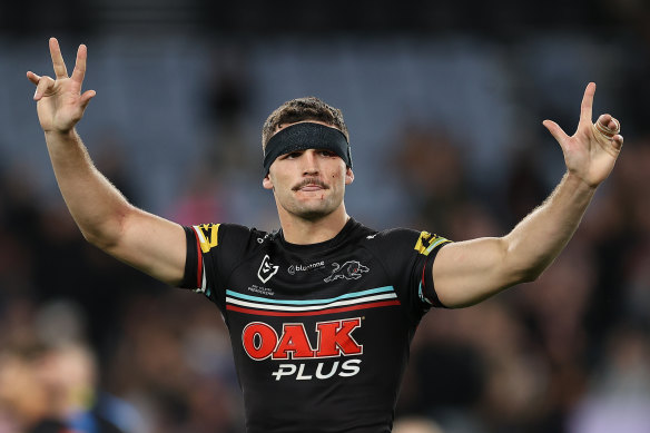 Nathan Cleary celebrates after the Panthers’ win over the Storm on Friday.