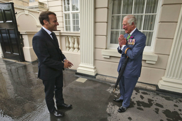 The King, then known as Prince Charles, welcomed French President Emmanuel Macron to Clarence House in London in June 18, 2020.