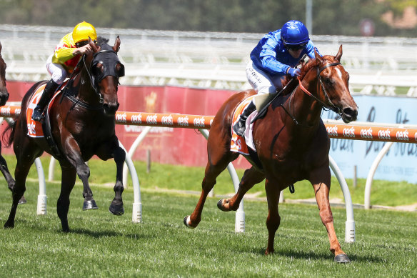Luke Currie rides Hanseatic to victory in race three at Caulfield on Saturday.