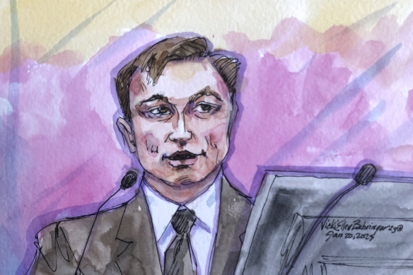 In this courtroom sketch, Elon Musk appears in federal court in San Francisco on Saturday (AEDT).