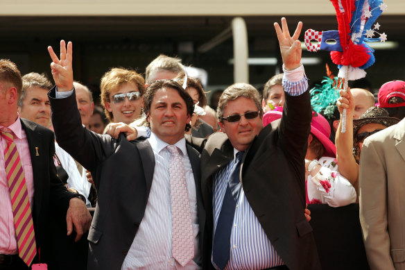 Anthony and Lee Freedman following Makybe Diva's 2005 Melbourne Cup.