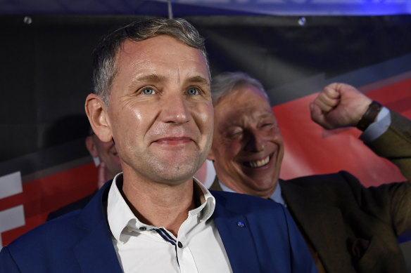Bjoern Hoecke, chairman of the far-right Alternative fuer Deutschland (AfD) in Thuringia celebrates with supporters. 