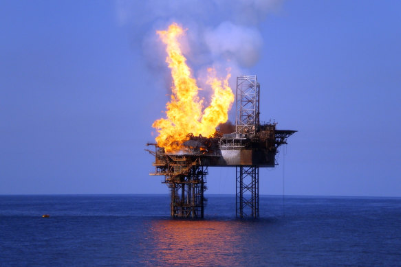 The West Atlas oil rig and Montara well head platform on fire on the morning of November 3, 2009.