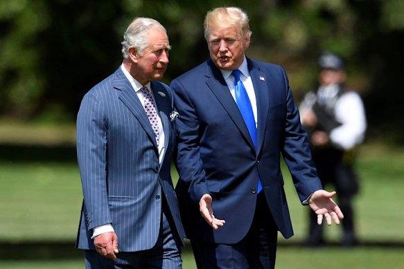 Donald Trump during his first presidential term, with then-Prince Charles in 2019.