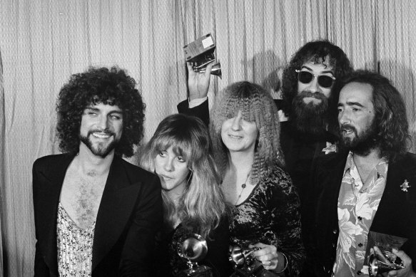 Fleetwood Mac (from left, Lindsey Buckingham, Stevie Nicks, Christine McVie, Mick Fleetwood and John McVie)  after winning a Grammy in 1978.