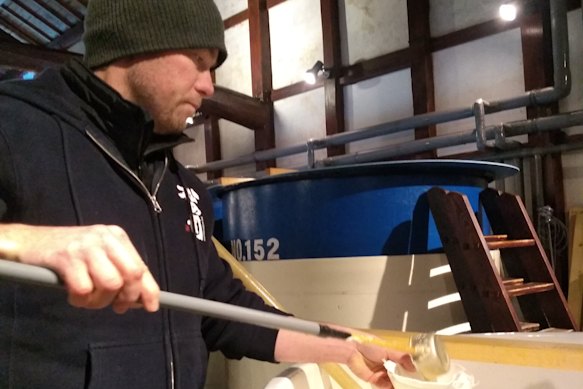 Matt Froude samples moromi mash created during fermentation at the Matsuse sake brewery in Japan.