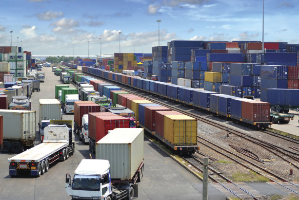 An artist’s render of a proposed intermodal freight terminal near Melbourne, where containers travelling south on the Inland Rail would be loaded onto trucks.