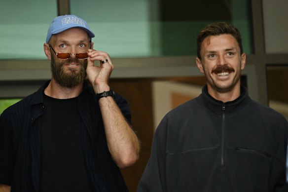 Melbourne footballers Max Gawn (left) and Jake Lever leave court after giving evidence on Tuesday.
