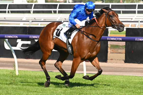 Dean Holland steers In Secret to victory in the 2023 Newmarket Handicap at Flemington.