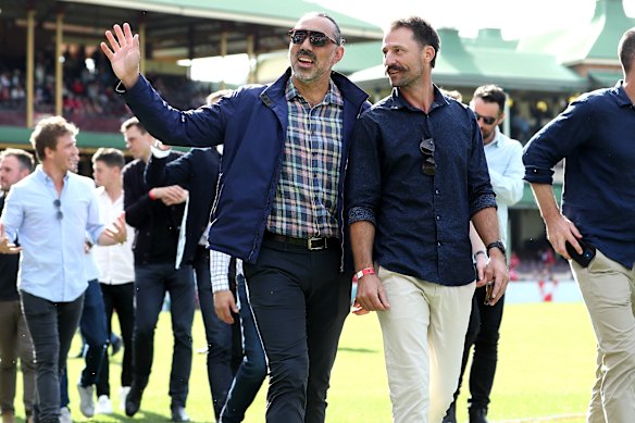 Adam Goodes and Nic Malceski at the 10-year reunion of the Swans’ 2012 premiership-winning team at the SCG in 2022.