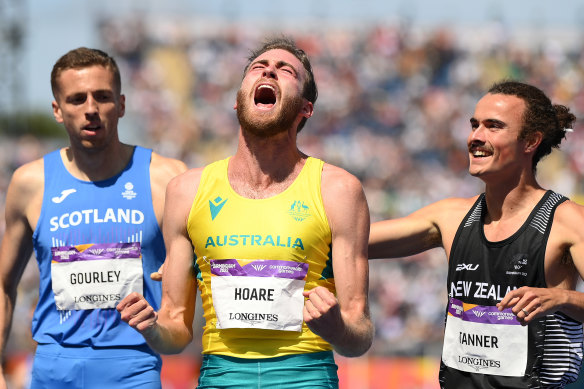 Ollie Hoare celebrates after his 1500m win in Birmingham in 2022, beating two medallists from the world championships, in one of the great Commonwealth Games performances.