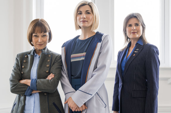 The 13th Doctor (Jodie Whittaker, centre) with “classic era” companions Tegan (Janet Fielding, left) and Ace (Sophie Aldred) in Doctor Who.