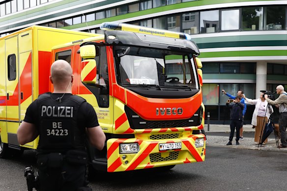 A medical vehicle of the German Army or Bundeswehr carrying Russian opposition politician Alexei Navalny arrives at Charite Hospital in Berlin, Germany. 
