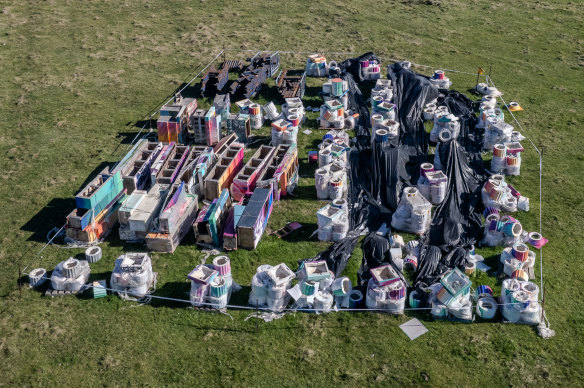 An aerial view of the dismantled Temple of Boom in a paddock in Epping.