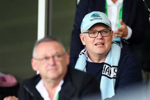 Prime Minister Scott Morrison attends an NRL match in Sydney.