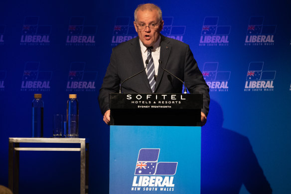 Scott Morrison at the traditional post-budget luncheon in Sydney on Friday, April 1, 2022.